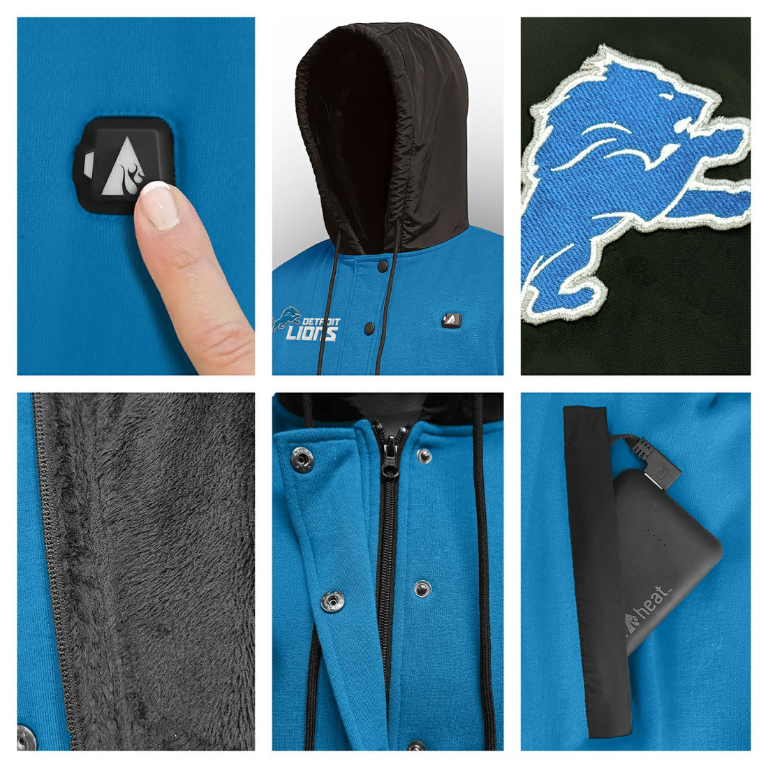 Detroit Lions ActionHeat 5V Battery Heated Full-Snap Varsity Jacket Blue/Black | NFL