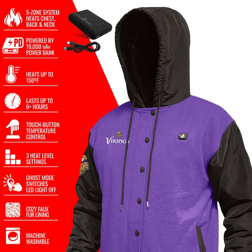 Minnesota Vikings ActionHeat 5V Battery Heated Full-Snap Varsity Jacket Purple/Black | NFL