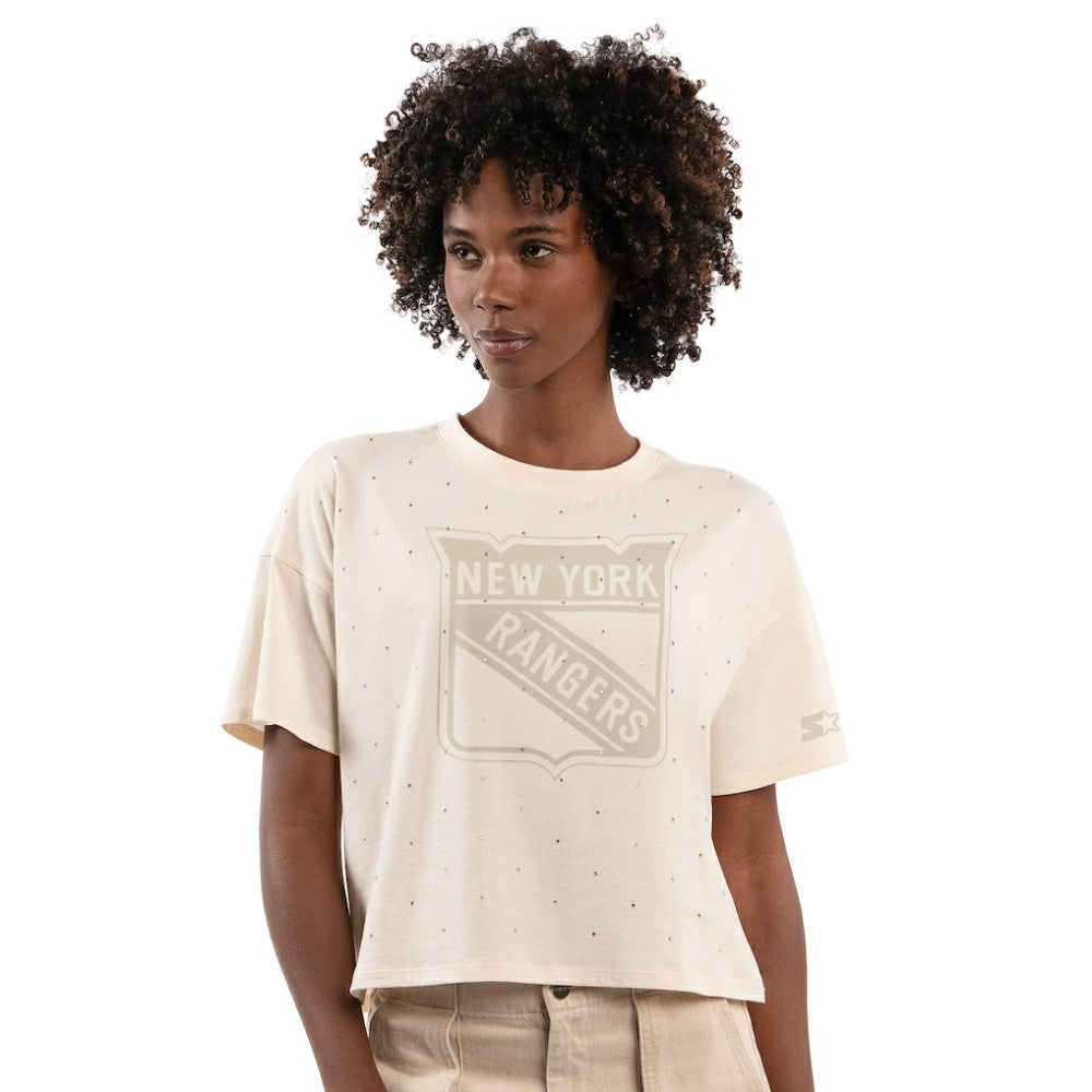 New York Rangers Starter Women's Rhinestone Sprinkle Boxy Cropped T-Shirt - Cream - NHL