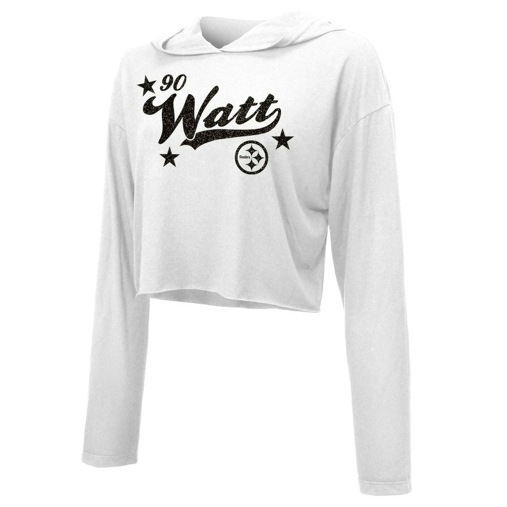 T.J. Watt Pittsburgh Steelers Majestic Threads Women's Glitter Wordmark Hoodie White | NFL