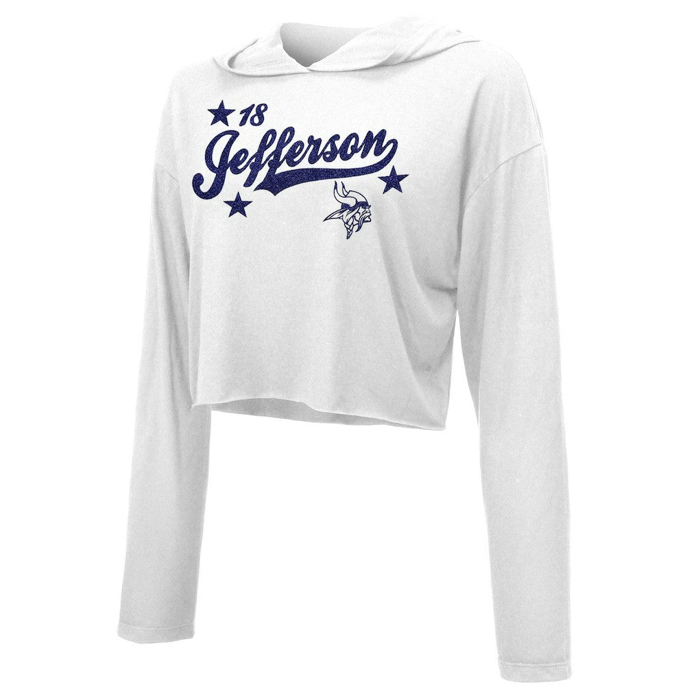 Justin Jefferson Minnesota Vikings Majestic Threads Women's Glitter Wordmark Hoodie White | NFL