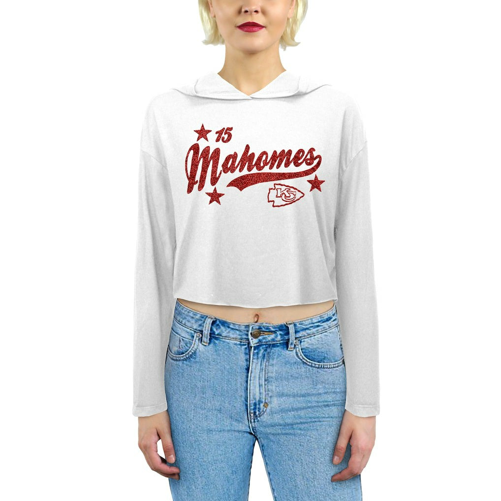 Patrick Mahomes Kansas City Chiefs Majestic Threads Women's Glitter Wordmark Hoodie White | NFL