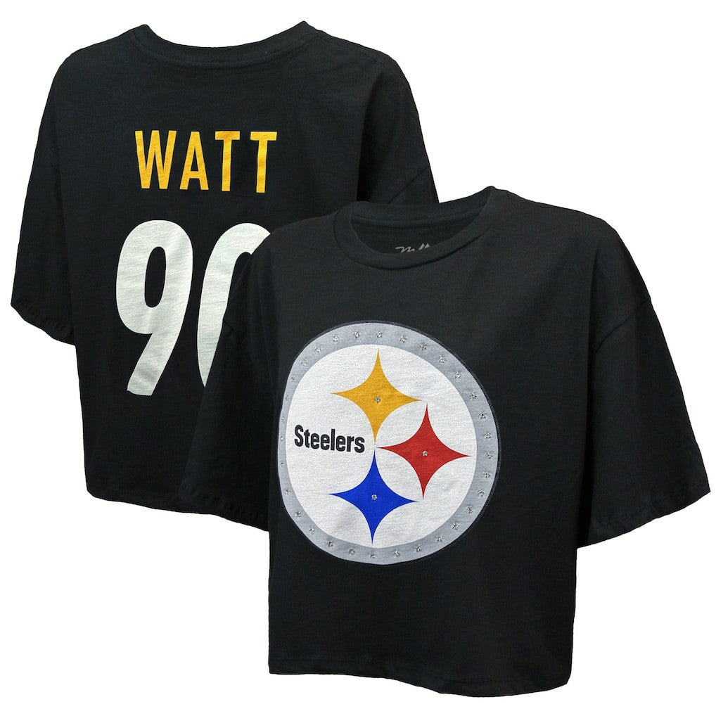 T.J. Watt Pittsburgh Steelers Majestic Threads Women's Swarovski Crystals Boxy Cropped Name & Number T-Shirt Black | NFL