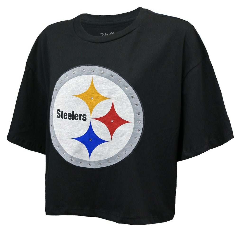 T.J. Watt Pittsburgh Steelers Majestic Threads Women's Swarovski Crystals Boxy Cropped Name & Number T-Shirt Black | NFL