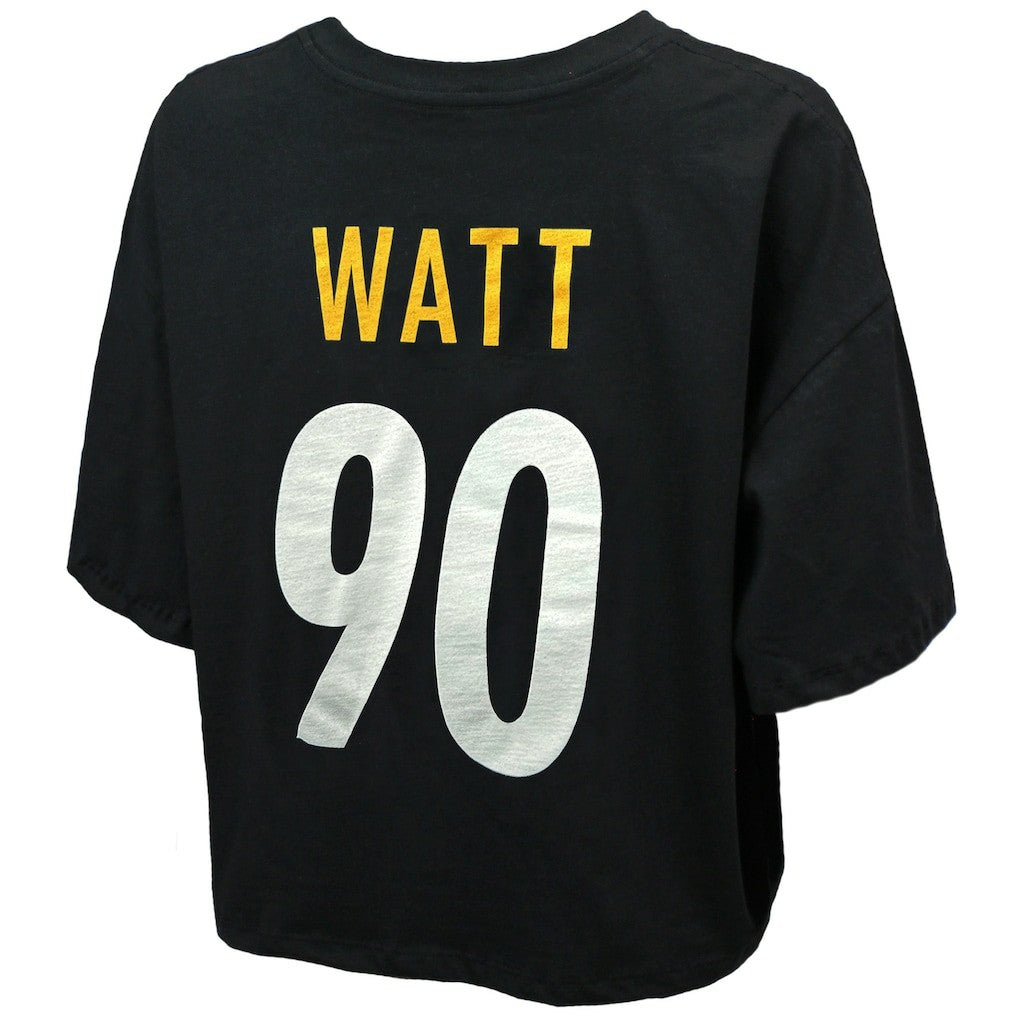 T.J. Watt Pittsburgh Steelers Majestic Threads Women's Swarovski Crystals Boxy Cropped Name & Number T-Shirt Black | NFL