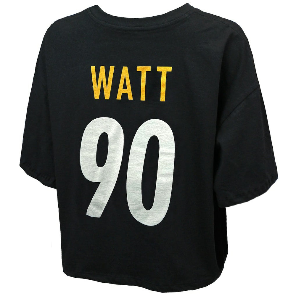 T.J. Watt Pittsburgh Steelers Majestic Threads Women's Swarovski Crystals Boxy Cropped Name & Number T-Shirt Black | NFL