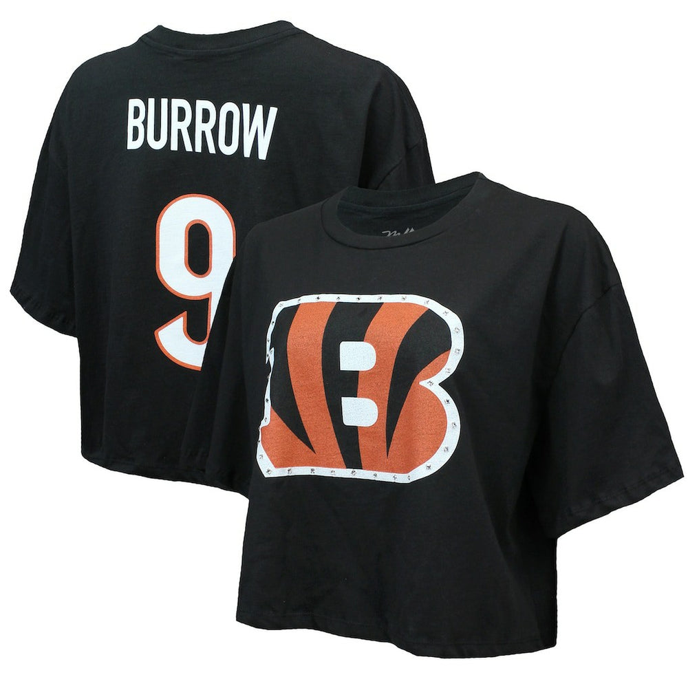 Joe Burrow Cincinnati Bengals Majestic Threads Women's Swarovski Crystals Boxy Cropped Name & Number T-Shirt Black | NFL