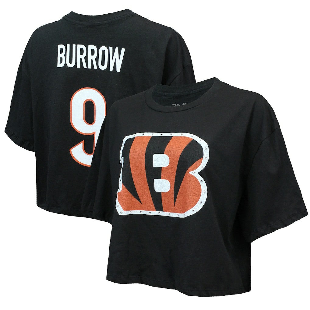Joe Burrow Cincinnati Bengals Majestic Threads Women's Swarovski Crystals Boxy Cropped Name & Number T-Shirt Black | NFL