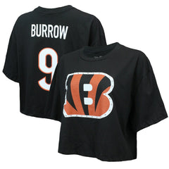 Joe Burrow Cincinnati Bengals Majestic Threads Women's Swarovski Crystals Boxy Cropped Name & Number T-Shirt Black | NFL