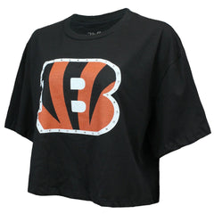 Joe Burrow Cincinnati Bengals Majestic Threads Women's Swarovski Crystals Boxy Cropped Name & Number T-Shirt Black | NFL