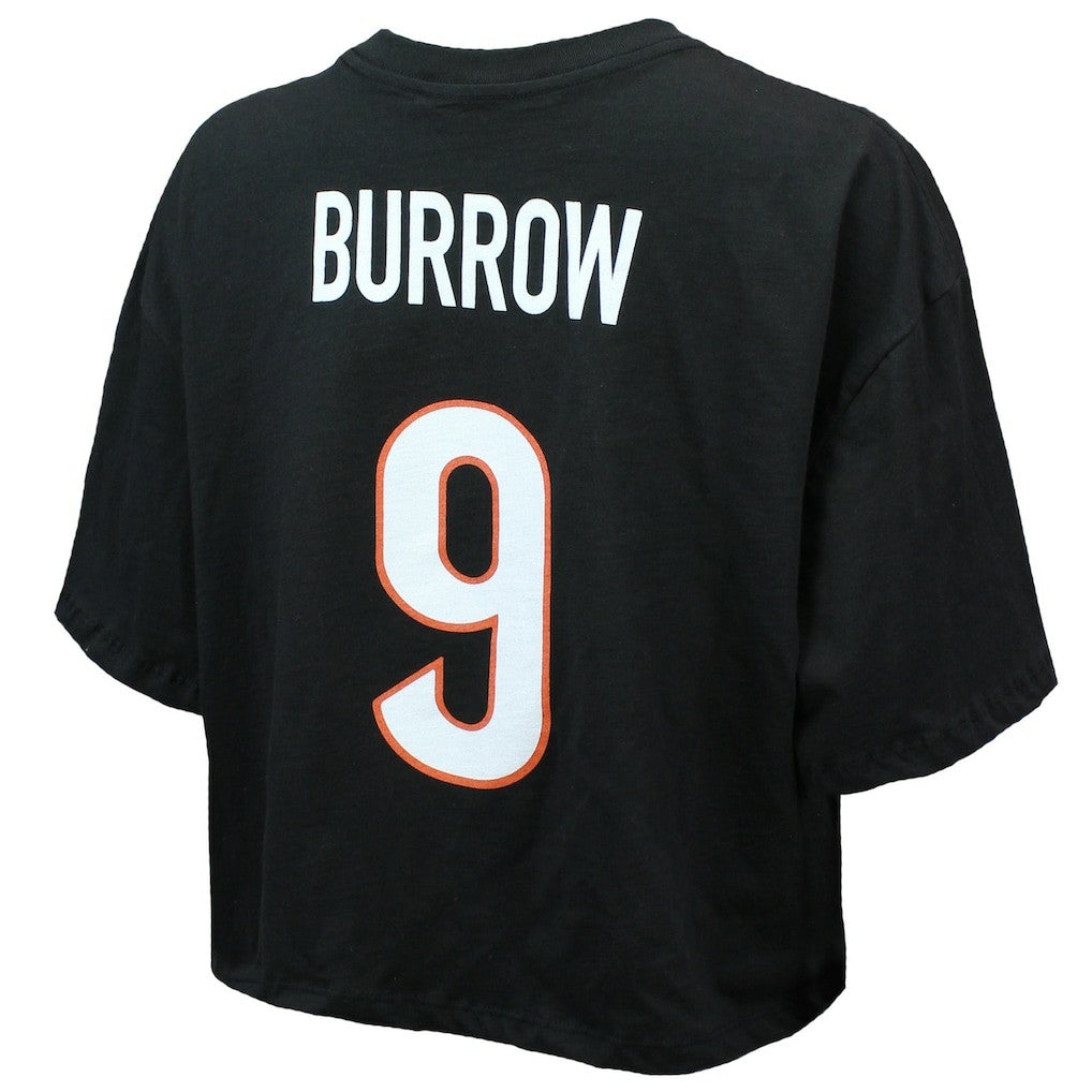 Joe Burrow Cincinnati Bengals Majestic Threads Women's Swarovski Crystals Boxy Cropped Name & Number T-Shirt Black | NFL