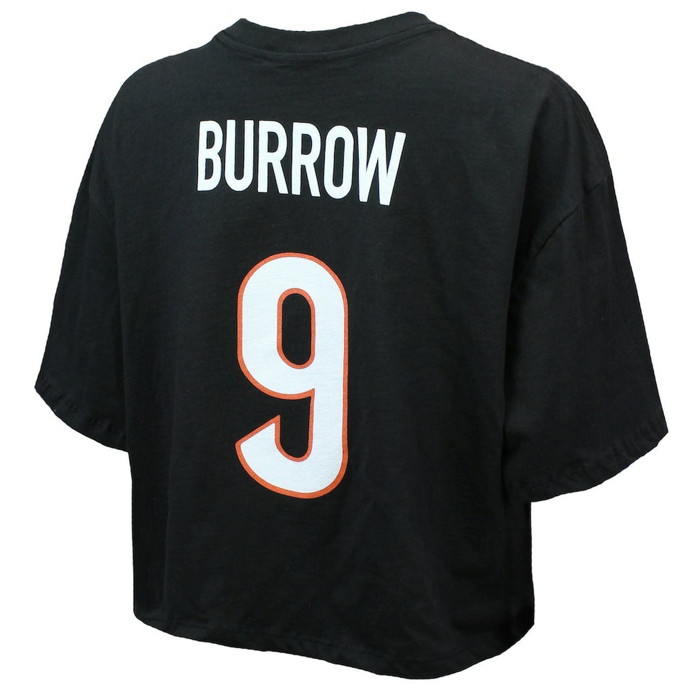 Joe Burrow Cincinnati Bengals Majestic Threads Women's Swarovski Crystals Boxy Cropped Name & Number T-Shirt Black | NFL