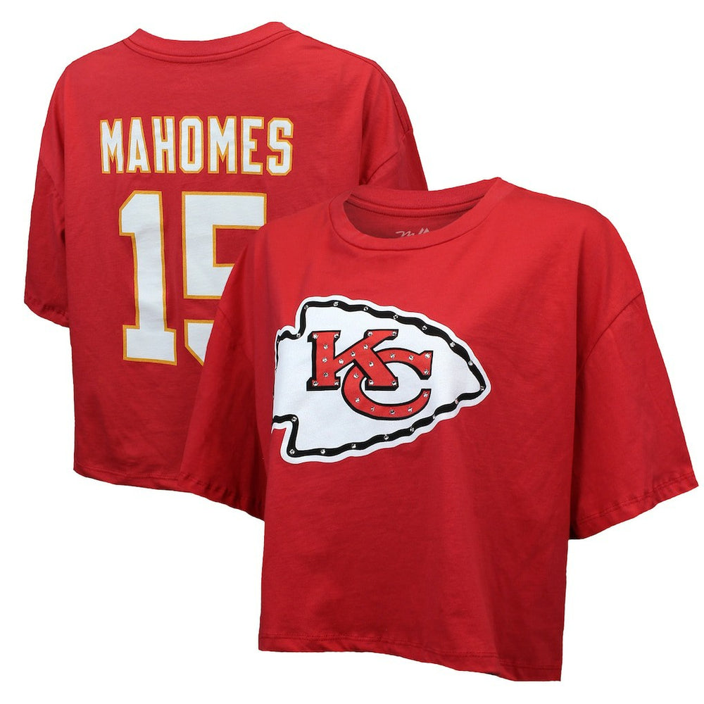 Patrick Mahomes Kansas City Chiefs Majestic Threads Women's Swarovski Crystals Boxy Cropped Name & Number T-Shirt Red | NFL