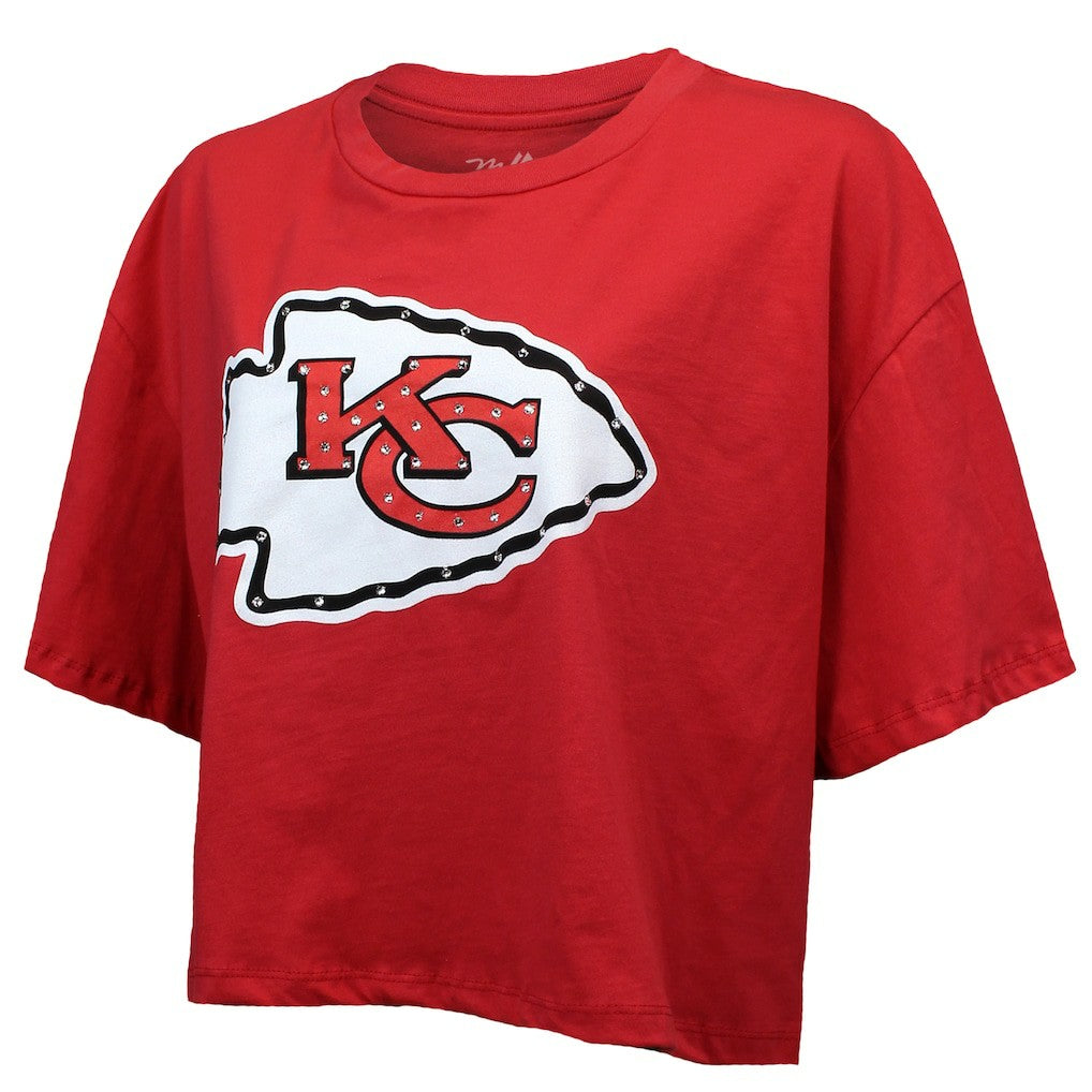 Patrick Mahomes Kansas City Chiefs Majestic Threads Women's Swarovski Crystals Boxy Cropped Name & Number T-Shirt Red | NFL