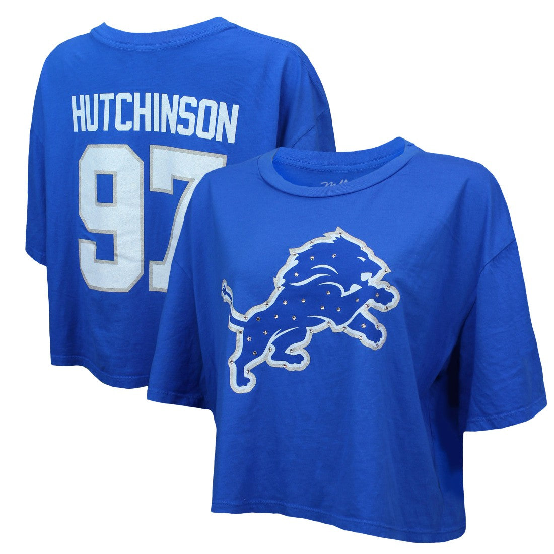 Aidan Hutchinson Detroit Lions Majestic Threads Women's Swarovski Crystals Boxy Cropped Name & Number T-Shirt Blue | NFL
