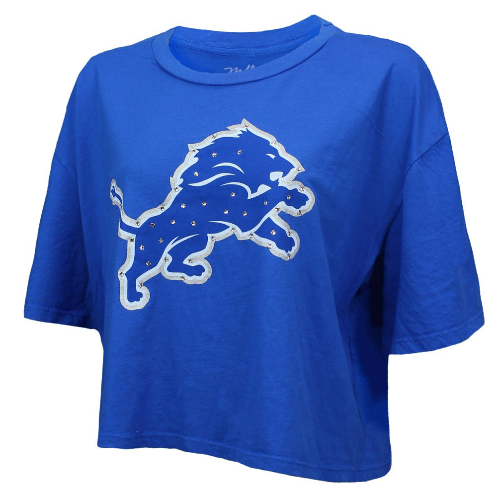 Aidan Hutchinson Detroit Lions Majestic Threads Women's Swarovski Crystals Boxy Cropped Name & Number T-Shirt Blue | NFL