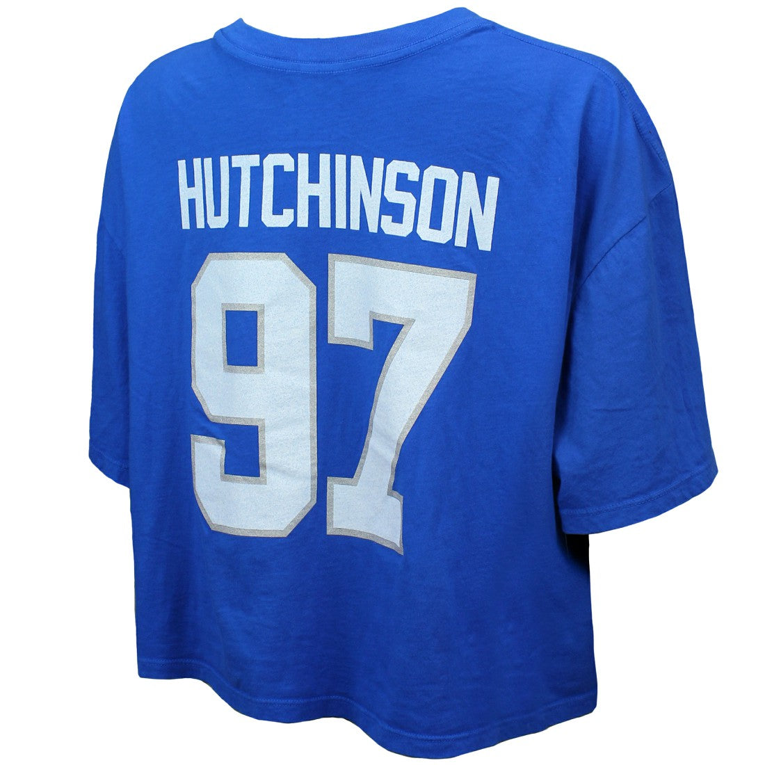 Aidan Hutchinson Detroit Lions Majestic Threads Women's Swarovski Crystals Boxy Cropped Name & Number T-Shirt Blue | NFL