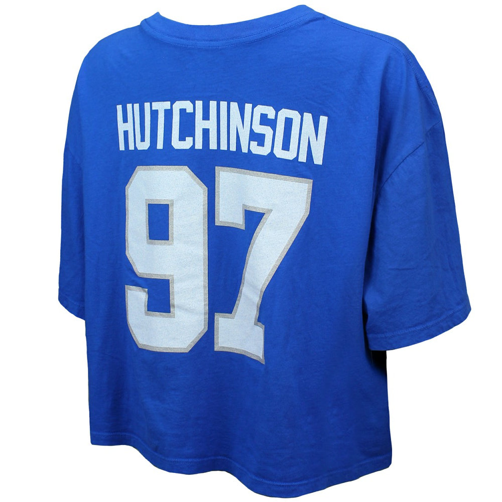 Aidan Hutchinson Detroit Lions Majestic Threads Women's Swarovski Crystals Boxy Cropped Name & Number T-Shirt Blue | NFL