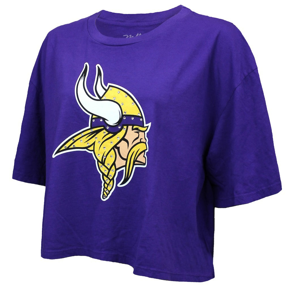 Justin Jefferson Minnesota Vikings Majestic Threads Women's Swarovski Crystals Boxy Cropped Name & Number T-Shirt Purple | NFL