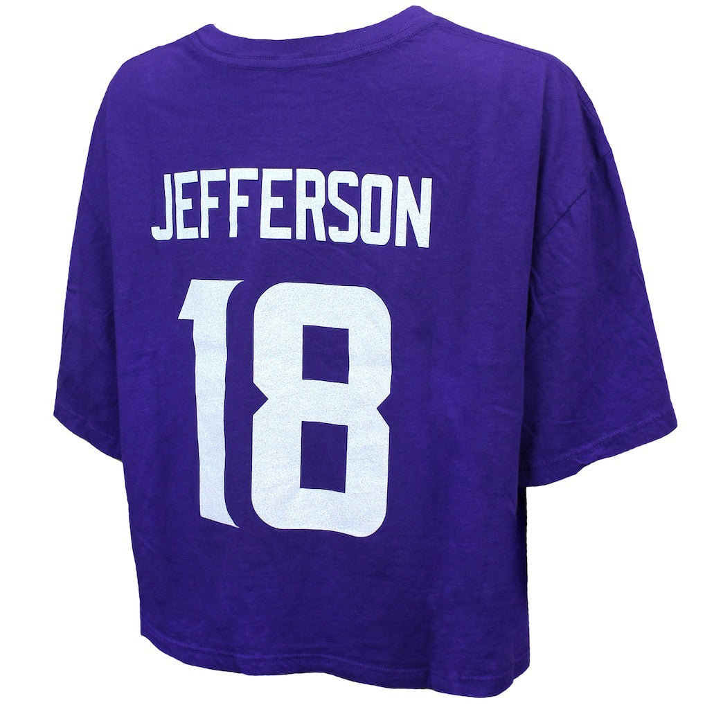 Justin Jefferson Minnesota Vikings Majestic Threads Women's Swarovski Crystals Boxy Cropped Name & Number T-Shirt Purple | NFL