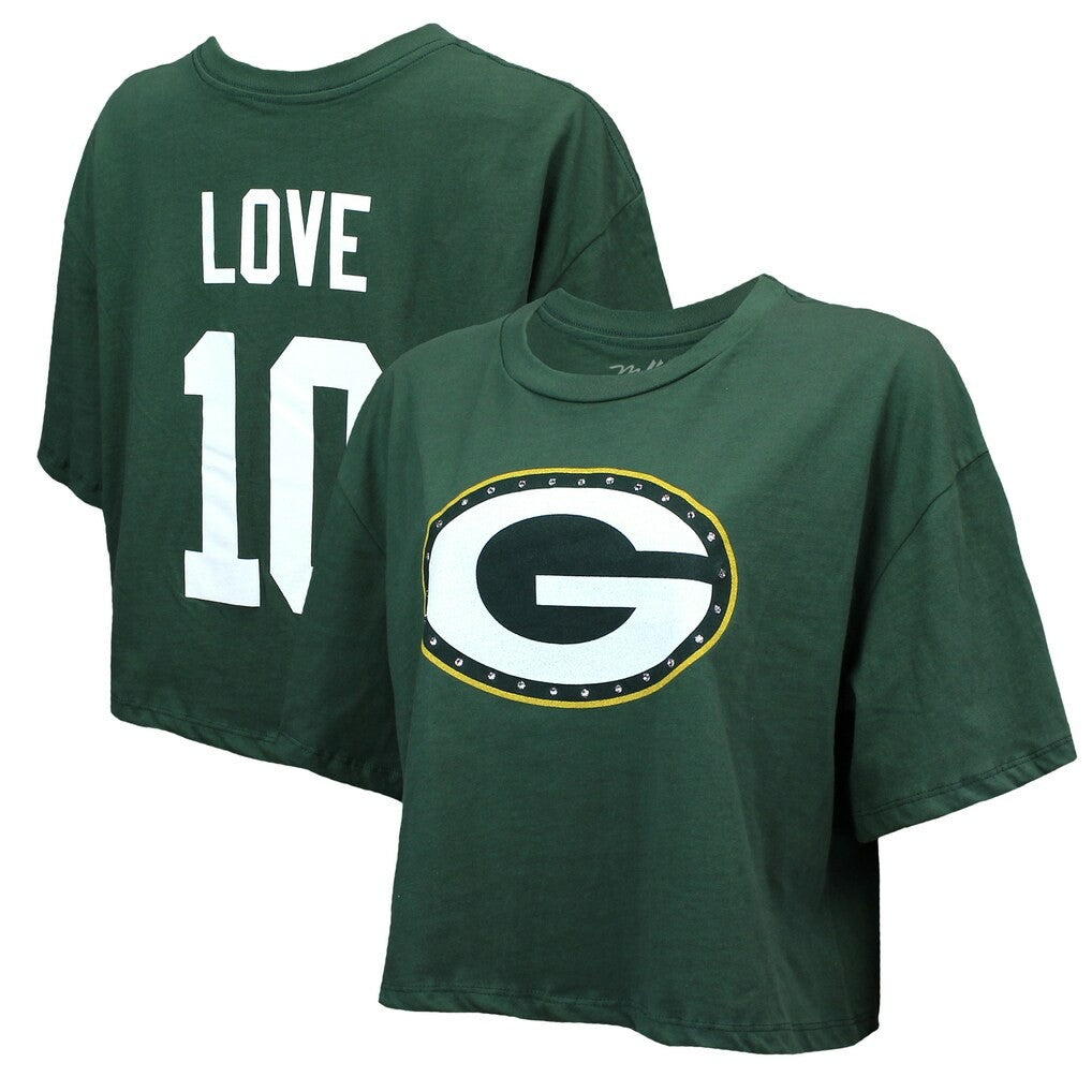 Jordan Love Green Bay Packers Majestic Threads Women's Swarovski Crystals Boxy Cropped Name & Number T-Shirt Green | NFL
