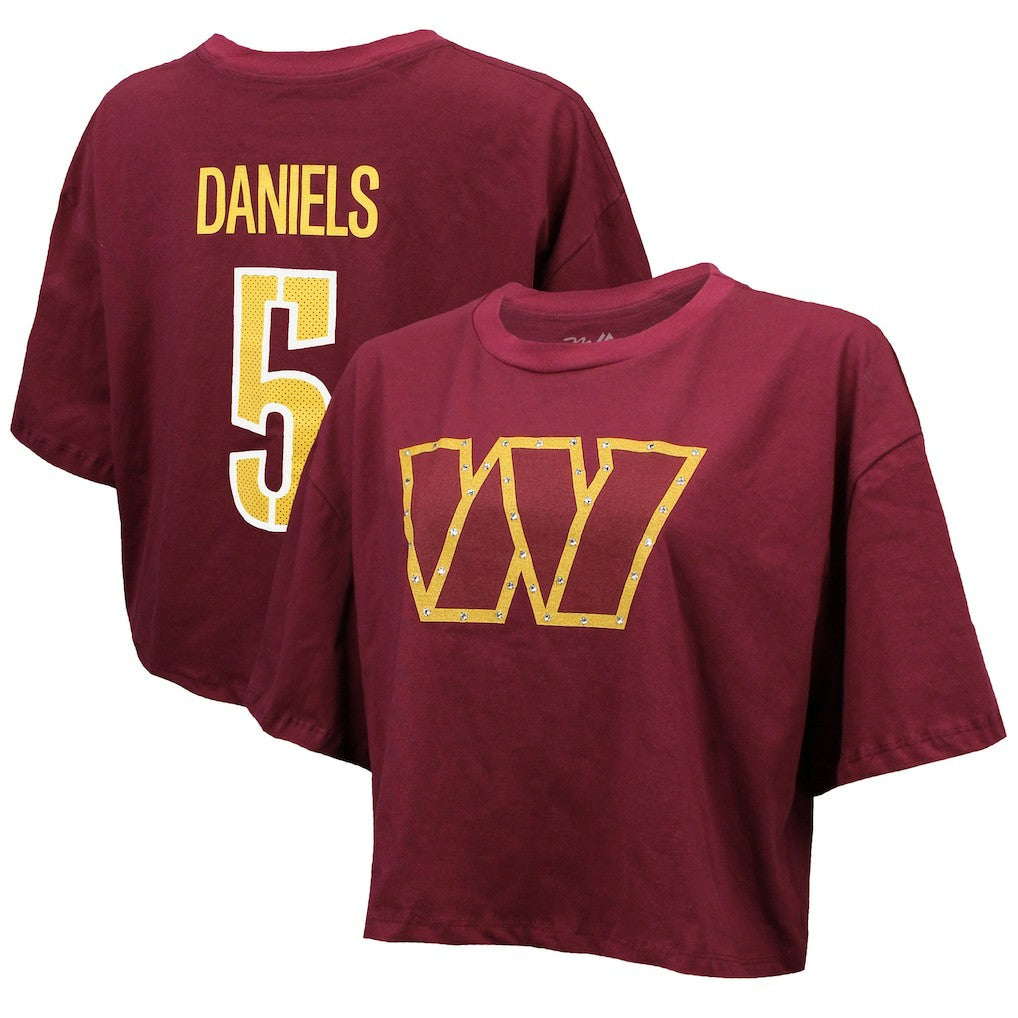 Jayden Daniels Washington Commanders Majestic Threads Women's Swarovski Crystals Boxy Cropped Name & Number T-Shirt Burgundy | NFL