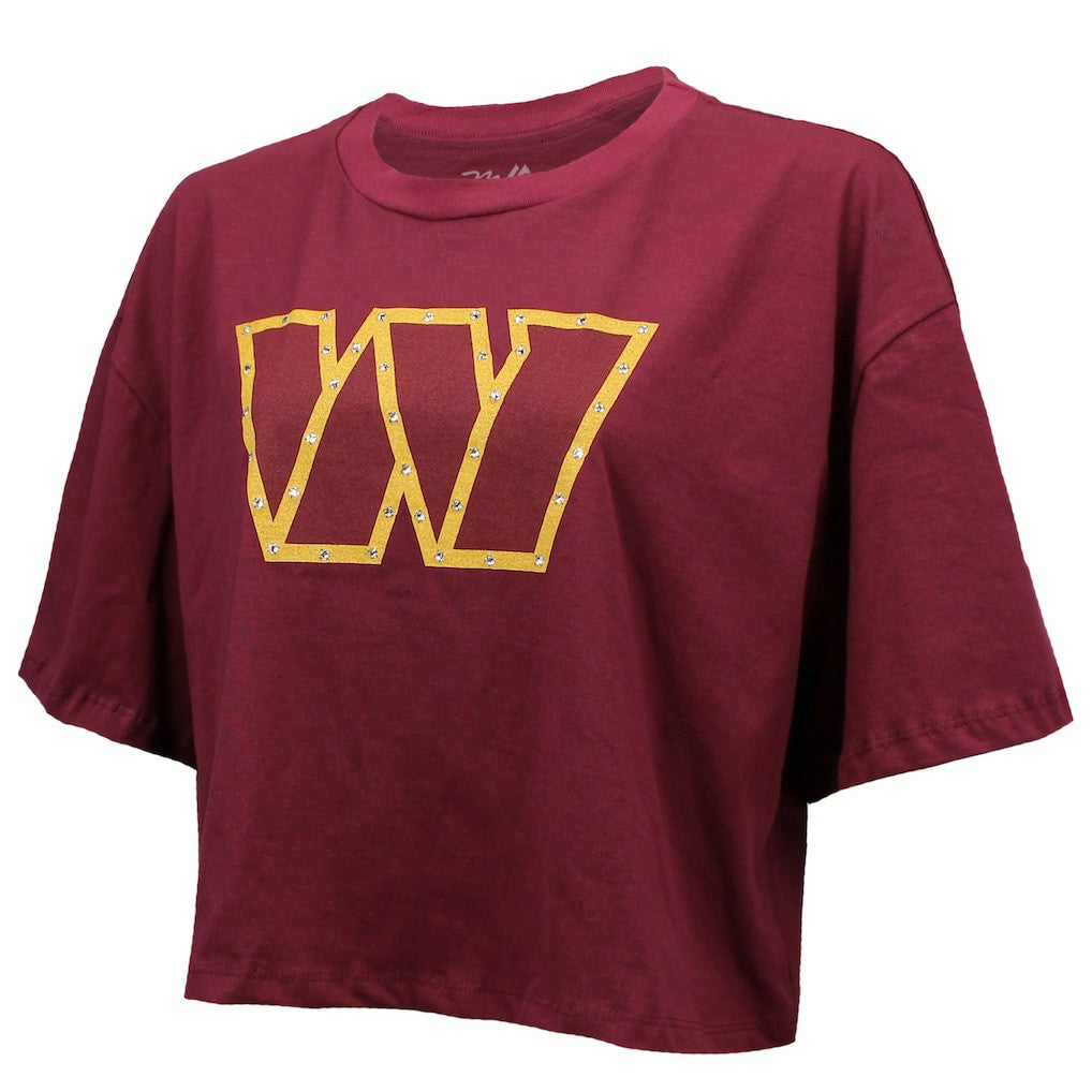 Jayden Daniels Washington Commanders Majestic Threads Women's Swarovski Crystals Boxy Cropped Name & Number T-Shirt Burgundy | NFL