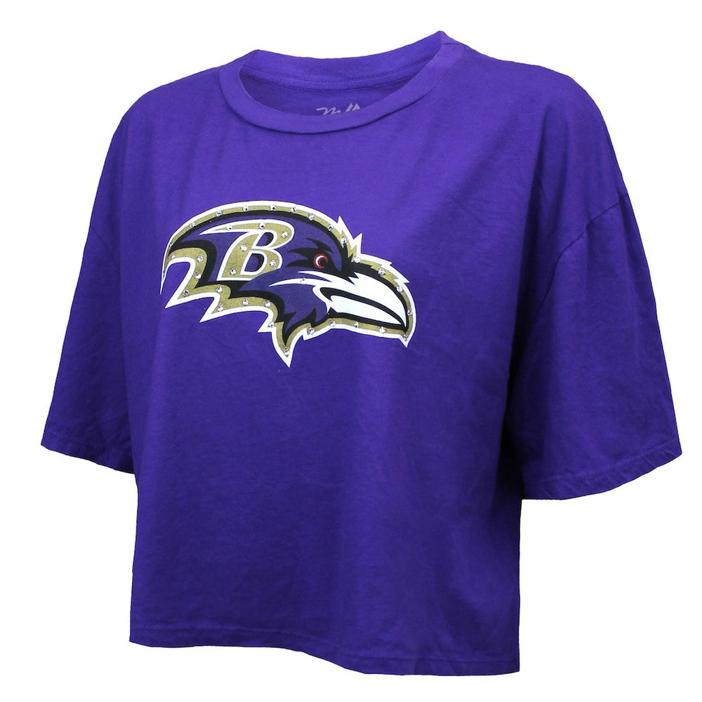 Lamar Jackson Baltimore Ravens Majestic Threads Women's Swarovski Crystals Boxy Cropped Name & Number T-Shirt Purple | NFL
