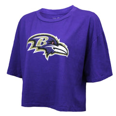 Lamar Jackson Baltimore Ravens Majestic Threads Women's Swarovski Crystals Boxy Cropped Name & Number T-Shirt Purple | NFL