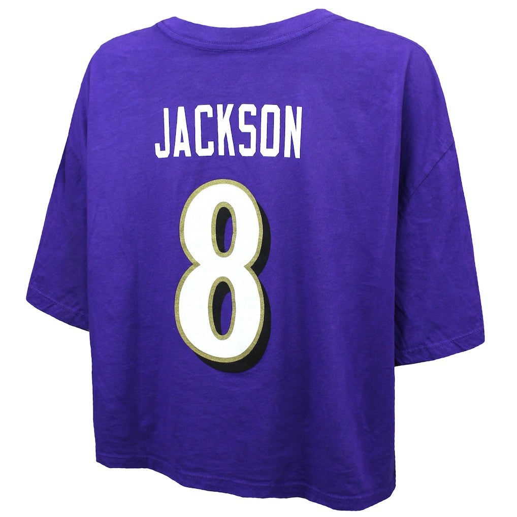 Lamar Jackson Baltimore Ravens Majestic Threads Women's Swarovski Crystals Boxy Cropped Name & Number T-Shirt Purple | NFL