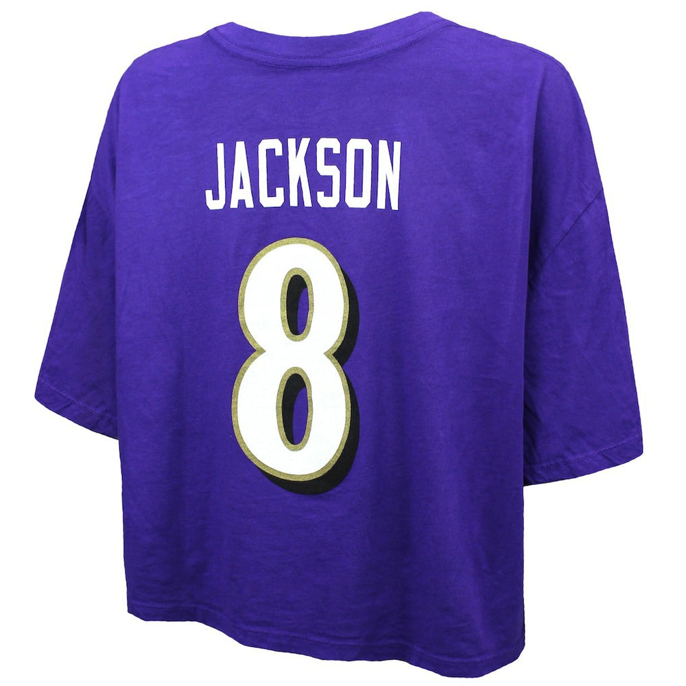 Lamar Jackson Baltimore Ravens Majestic Threads Women's Swarovski Crystals Boxy Cropped Name & Number T-Shirt Purple | NFL