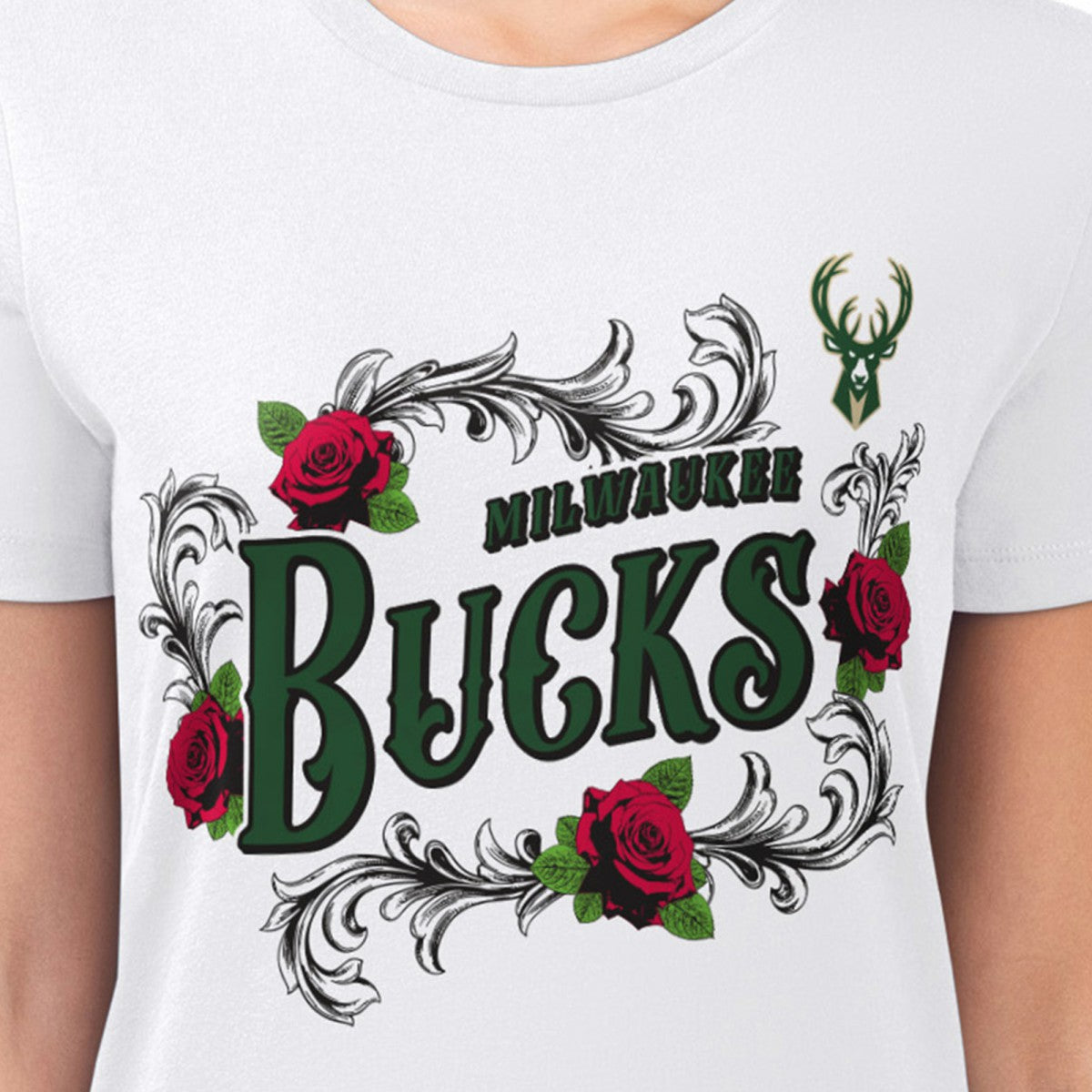 Milwaukee Bucks G-III 4Her by Carl Banks Women's Super-Slim Fit Lightweight Roses Crew Neck T-Shirt White - NBA