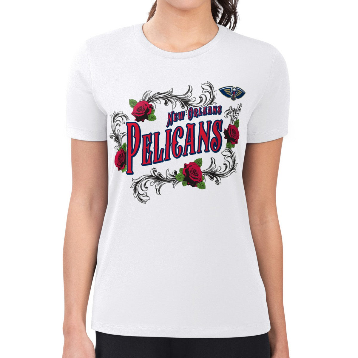 New Orleans Pelicans G-III 4Her by Carl Banks Women's Super-Slim Fit Lightweight Roses Crew Neck T-Shirt White - NBA