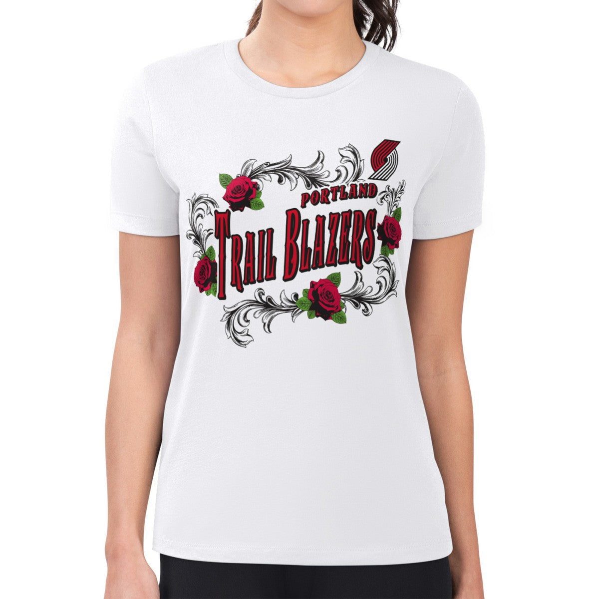Portland Trail Blazers G-III 4Her by Carl Banks Women's Super-Slim Fit Lightweight Roses Crew Neck T-Shirt White - NBA