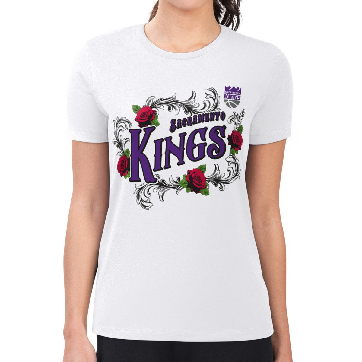 Sacramento Kings G-III 4Her by Carl Banks Women's Super-Slim Fit Lightweight Roses Crew Neck T-Shirt White - NBA