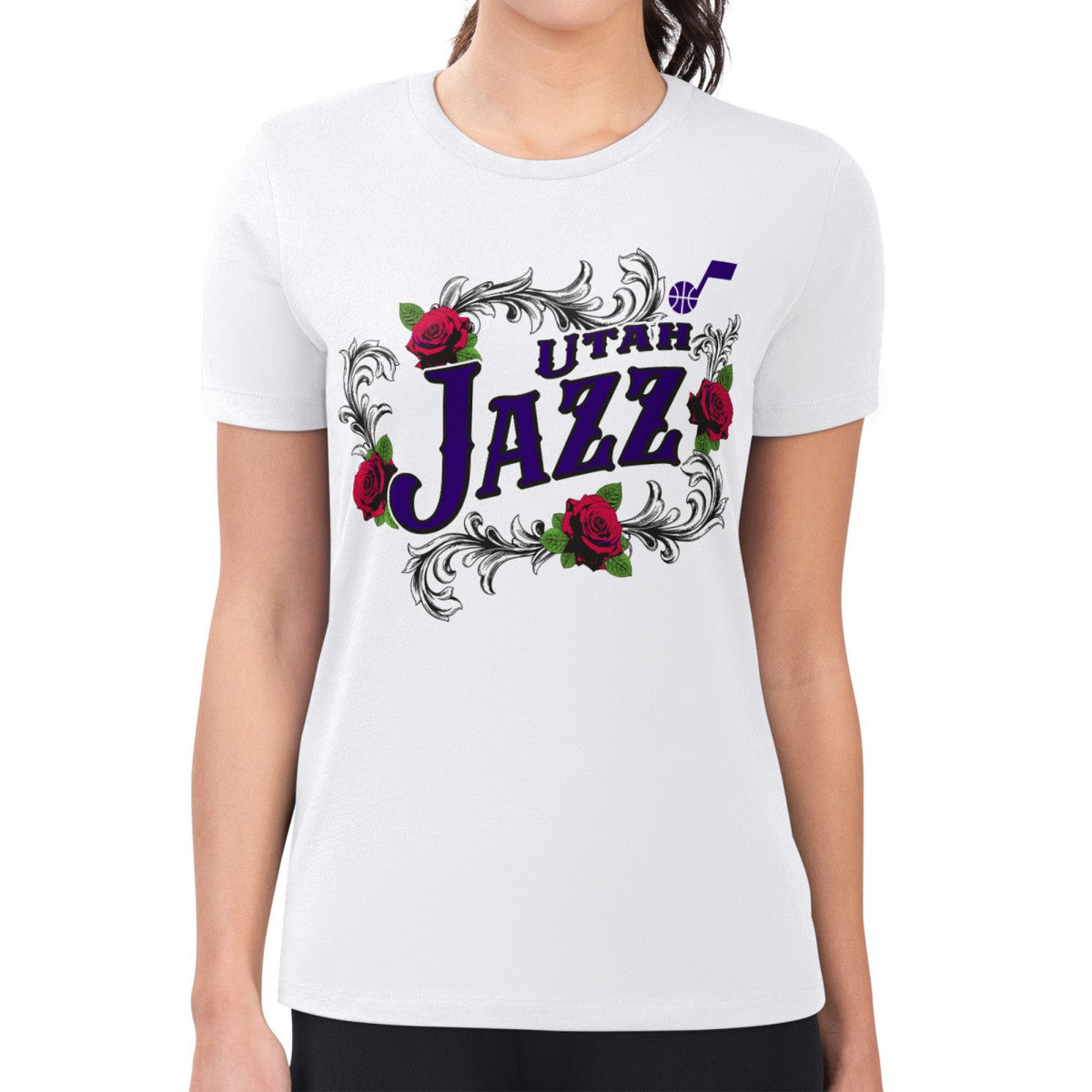 Utah Jazz G-III 4Her by Carl Banks Women's Super-Slim Fit Lightweight Roses Crew Neck T-Shirt White - NBA