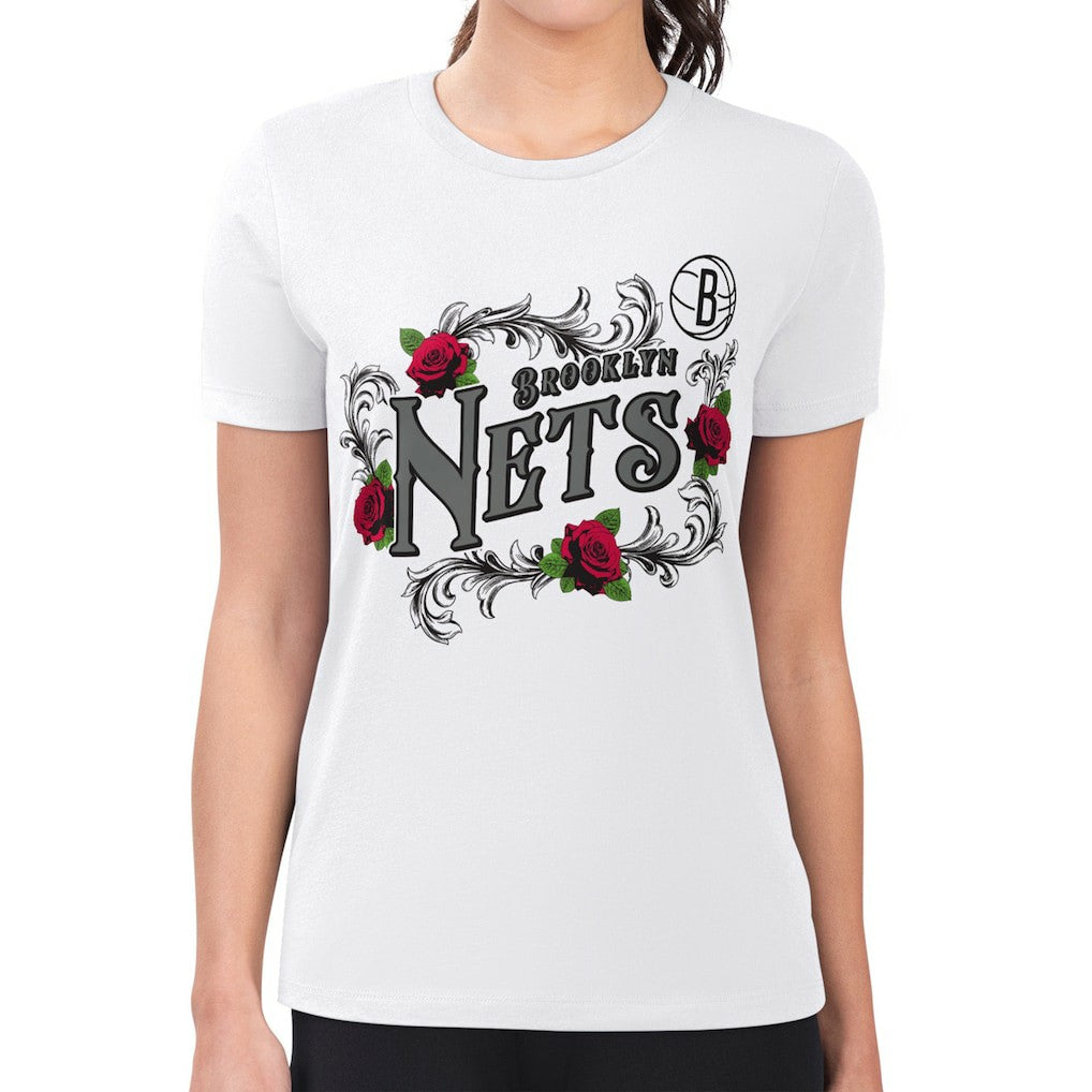 Brooklyn Nets G-III 4Her by Carl Banks Women's Super-Slim Fit Lightweight Roses Crew Neck T-Shirt White - NBA