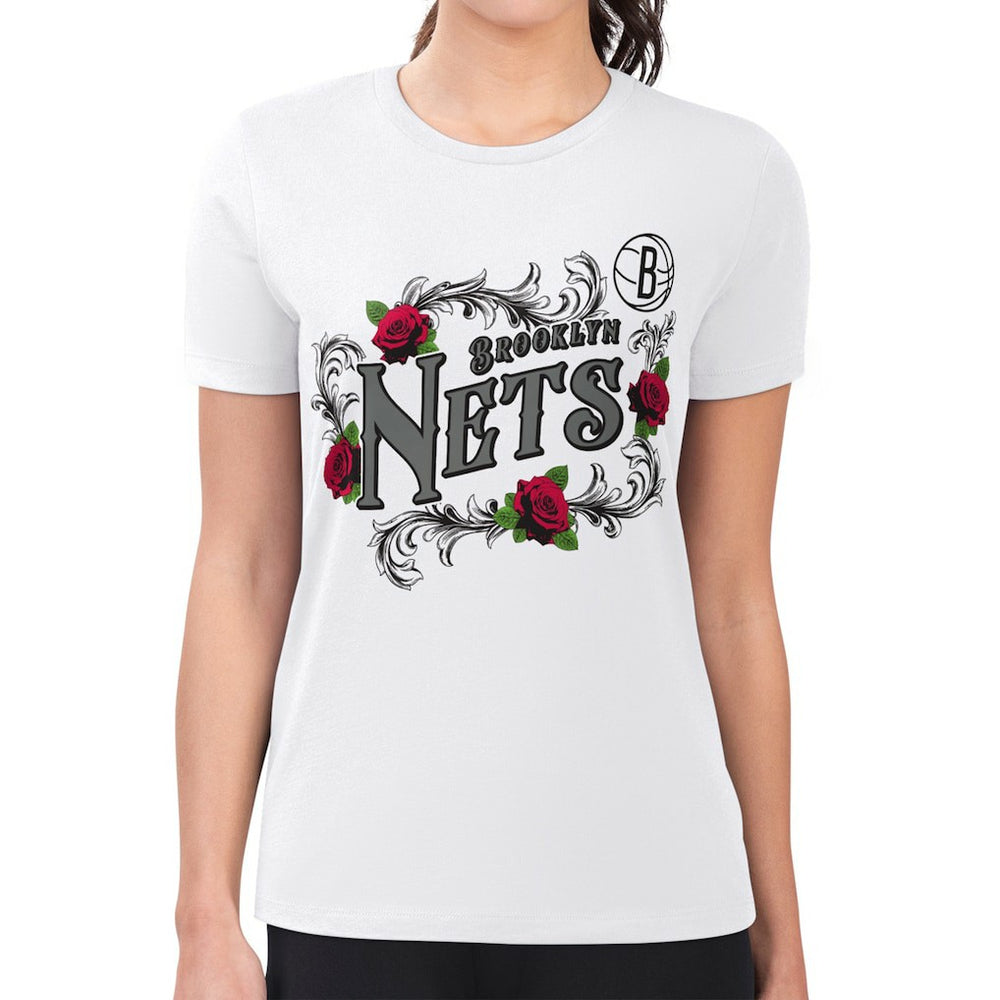 Brooklyn Nets G-III 4Her by Carl Banks Women's Super-Slim Fit Lightweight Roses Crew Neck T-Shirt White - NBA