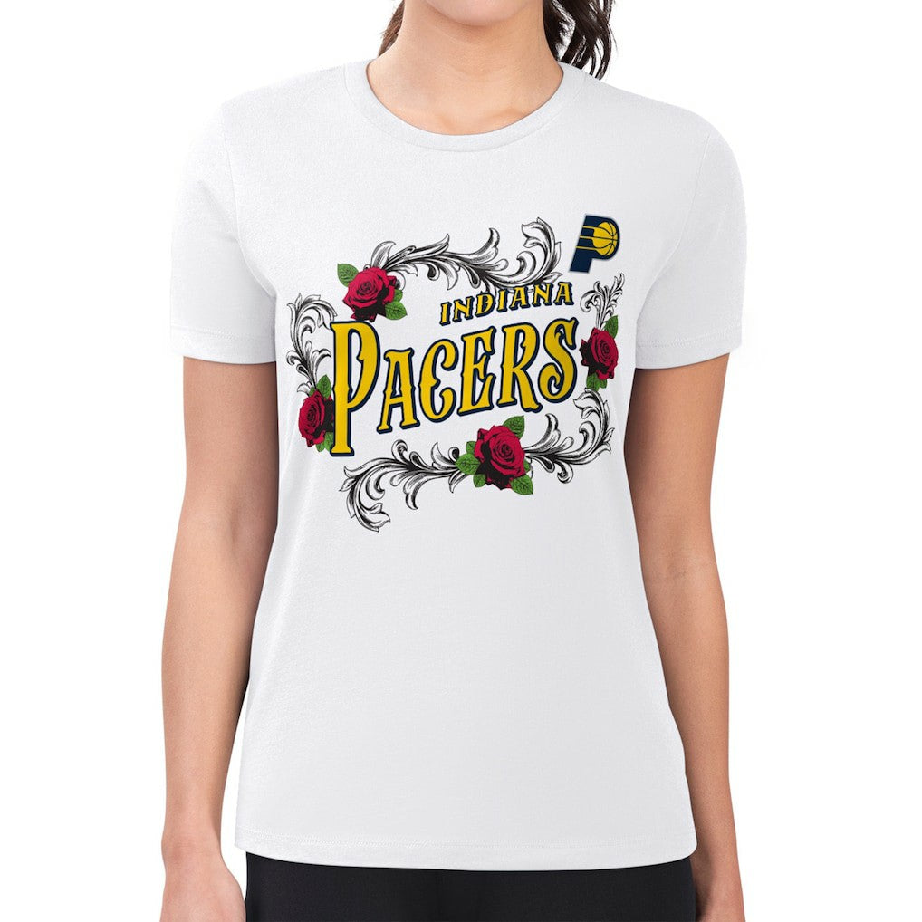 Indiana Pacers G-III 4Her by Carl Banks Women's Super-Slim Fit Lightweight Roses Crew Neck T-Shirt White - NBA