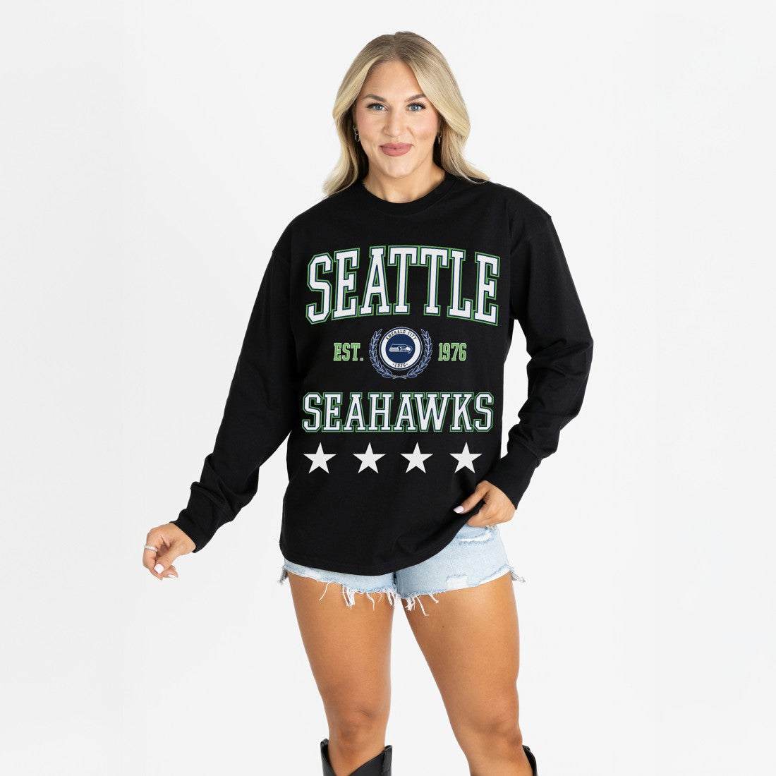 Seattle Seahawks Gameday Couture Women's Oversized Everyday Star Long Sleeve T-Shirt Black | NFL
