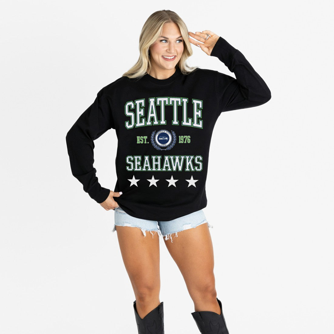 Seattle Seahawks Gameday Couture Women's Oversized Everyday Star Long Sleeve T-Shirt Black | NFL
