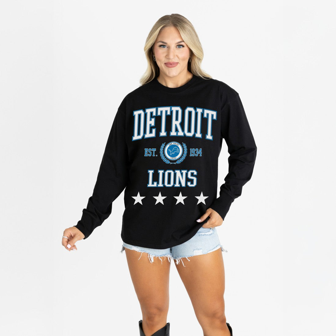 Detroit Lions Gameday Couture Women's Oversized Everyday Star Long Sleeve T-Shirt Black | NFL
