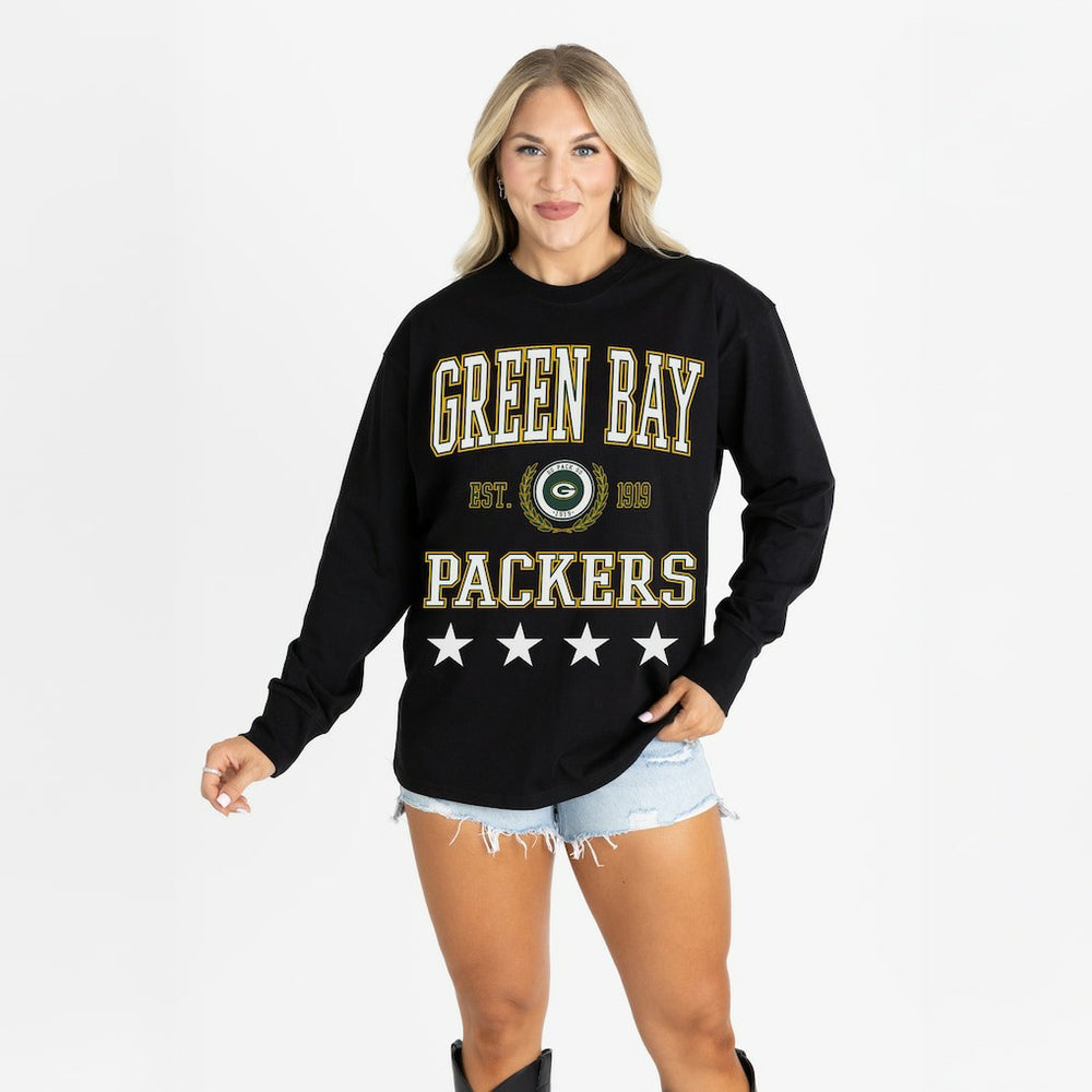 Green Bay Packers Gameday Couture Women's Oversized Everyday Star Long Sleeve T-Shirt Black | NFL