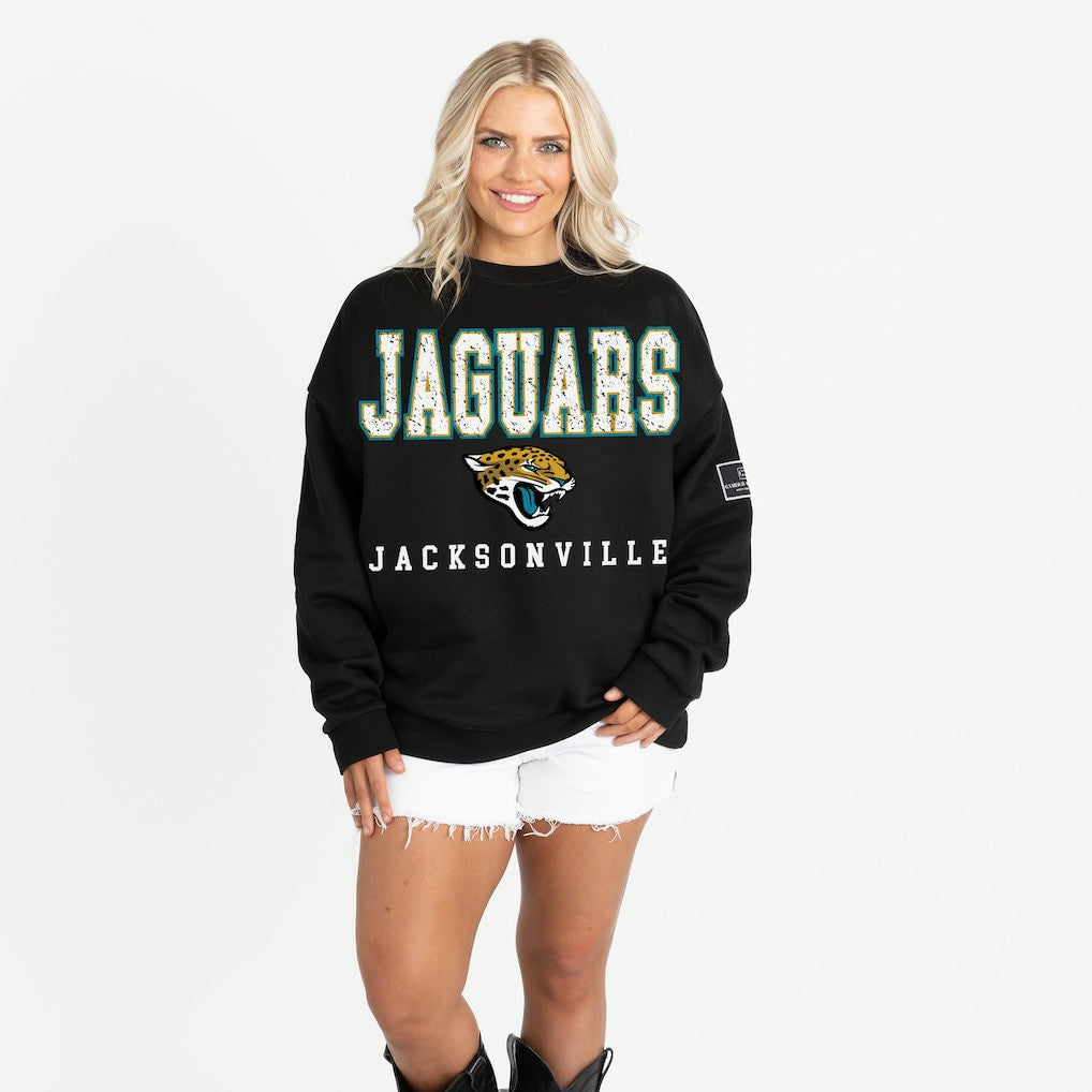 Jacksonville Jaguars Gameday Couture Women's Oversized Level Up Black Label Premium Fleece Sweatshirt Black | NFL