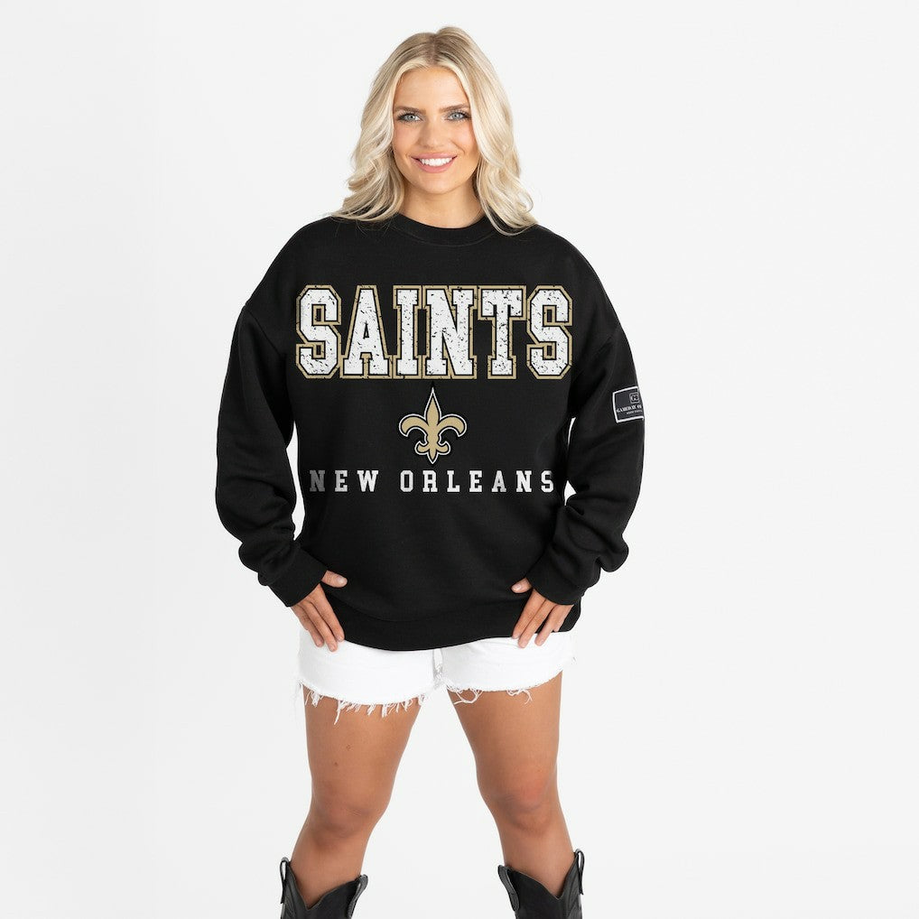 New Orleans Saints Gameday Couture Women's Oversized Level Up Black Label Premium Fleece Sweatshirt Black | NFL