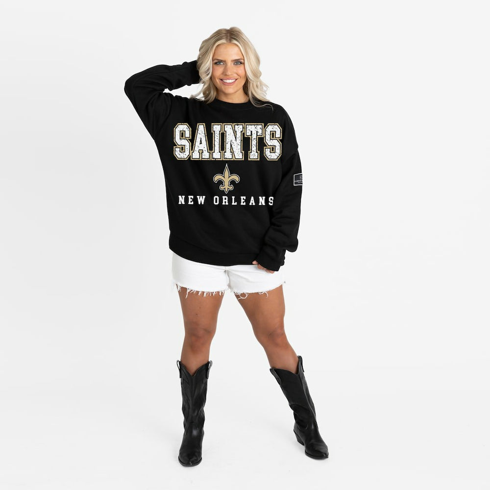 New Orleans Saints Gameday Couture Women's Oversized Level Up Black Label Premium Fleece Sweatshirt Black | NFL