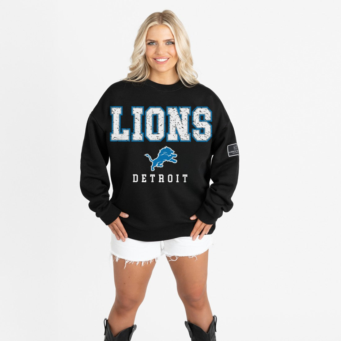 Detroit Lions Gameday Couture Women's Oversized Level Up Black Label Premium Fleece Sweatshirt Black | NFL