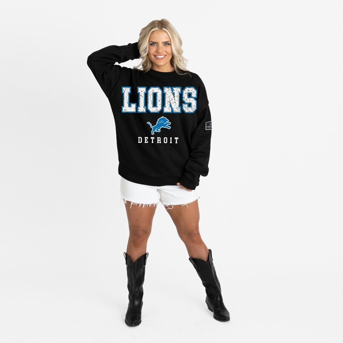 Detroit Lions Gameday Couture Women's Oversized Level Up Black Label Premium Fleece Sweatshirt Black | NFL