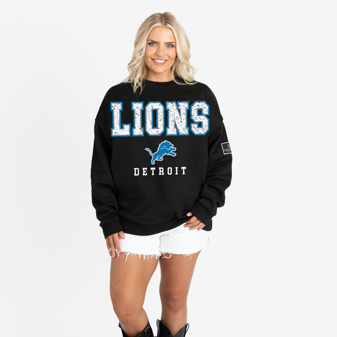 Detroit Lions Gameday Couture Women's Oversized Level Up Black Label Premium Fleece Sweatshirt Black | NFL