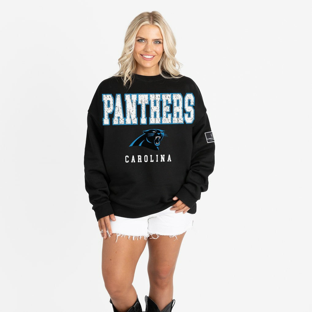 Carolina Panthers Gameday Couture Women's Oversized Level Up Black Label Premium Fleece Sweatshirt Black | NFL